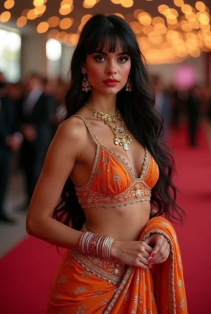 Jenna Ortega in Indian saree,at red carpet,chain sawin hand,(( square face, prominent cheek bone, pointed jaw,big eyes,long eyelashes,long bangs)), minimal accessories, wearing midriff, cleavage exposed costume,long gown but front thighs visible, slight blushing,representing Radha herself, UHD 16K,fair textured skin,