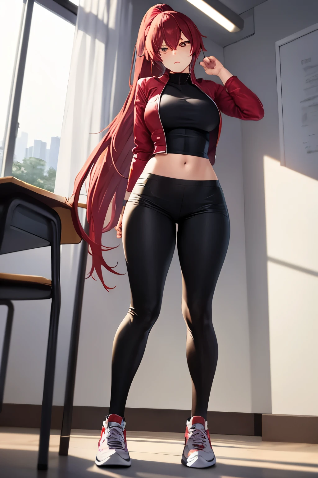 (masterpiece), best quality, BREAK, expressive eyes, (perfect face), 1girl, BREAK,( very long hair, red hair, ponytail), BREAK, (red eyes, agressive eyes, detailed eyes), BREAK, (unpleasant facial expression), BREAK, (very tall height), (skinny build), BREAK, (leather motocycle jacket), BREAK, (black pants), BREAK, (sneakers), BREAK, (classroom), BREAK, (looking at viewer), (standing)