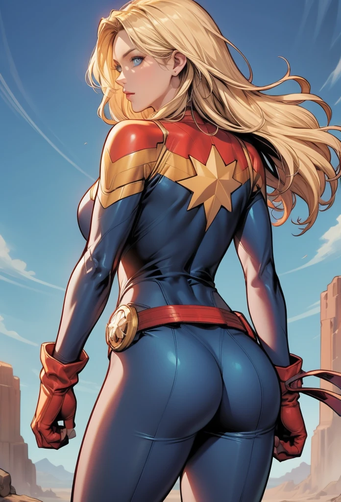 perfect eyes:1.2, detailed eyes:1.4, serious, cptMarvel, blue eyes, blonde hair, bodysuit, red gloves, belt, cowboy shot, 1girl, solo, (masterpiece:1.6, best quality), 8k, insane details, intricate details, hyperdetailed, hyper quality, high detail, ultra detailed, professional, HDR, ray tracing reflection, cinematic lighting,