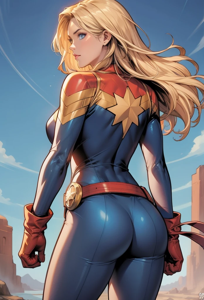 perfect eyes:1.2, detailed eyes:1.4, serious, cptMarvel, blue eyes, blonde hair, bodysuit, red gloves, belt, cowboy shot, 1girl, solo, (masterpiece:1.6, best quality), 8k, insane details, intricate details, hyperdetailed, hyper quality, high detail, ultra detailed, professional, HDR, ray tracing reflection, cinematic lighting,