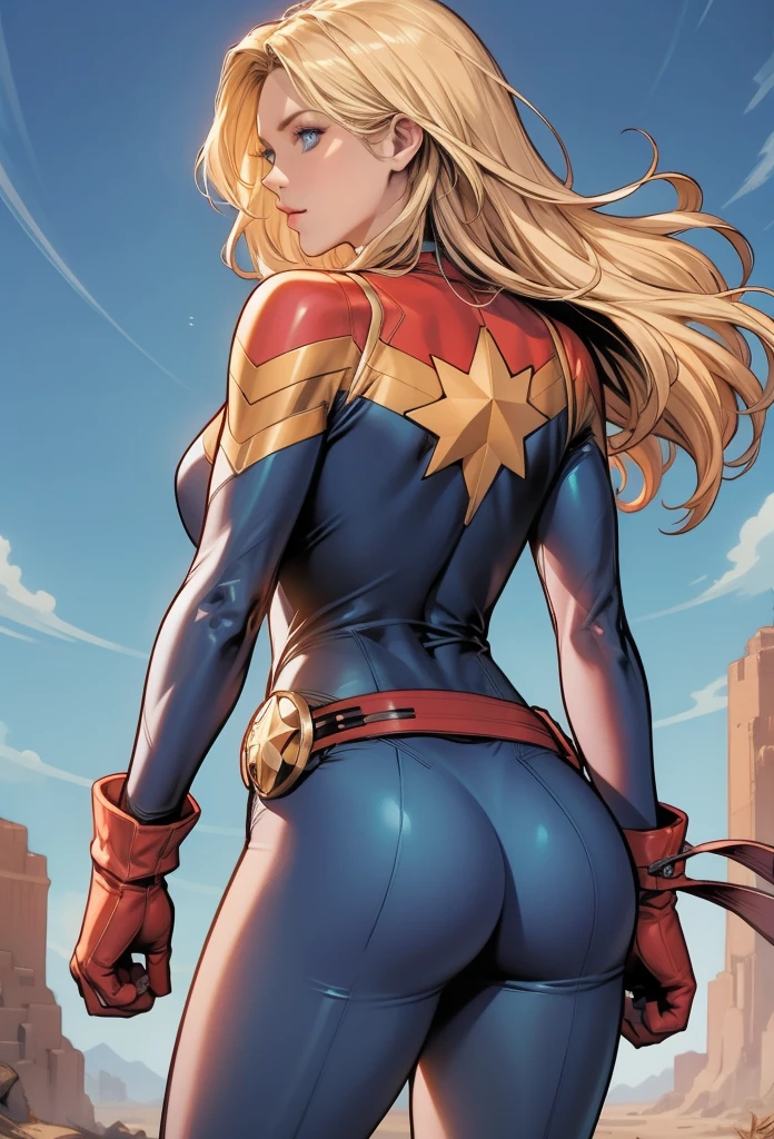 perfect eyes:1.2, detailed eyes:1.4, serious, cptMarvel, blue eyes, blonde hair, bodysuit, red gloves, belt, cowboy shot, 1girl, solo, (masterpiece:1.6, best quality), 8k, insane details, intricate details, hyperdetailed, hyper quality, high detail, ultra detailed, professional, HDR, ray tracing reflection, cinematic lighting,