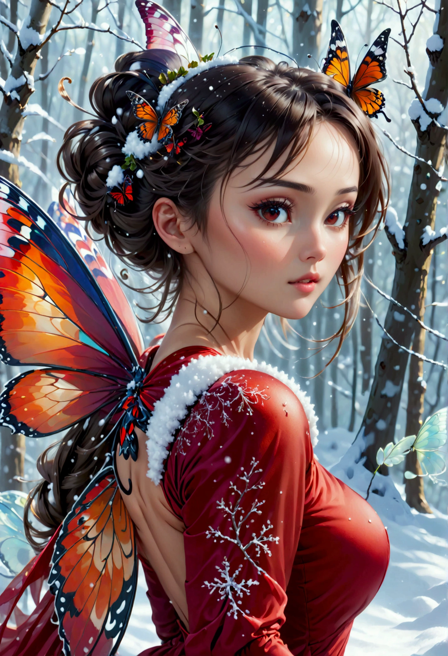 (oil painting art: 1.5) a most beautiful fairy playing in the snow, a beautiful fairy, ((full body shot: 1.5)), (best detailed face: 1.3), spread butterfly wings, dynamic hair color, dynamic hair style, busty, wearing red silk dress, intricate silk, wearing high heels boots, she is playing the snow, fresh snow in the forest, high snow, long shot,  High Detail, Ultra High Quality, High Resolution, 16K Resolution, Ultra HD Pictures, Ultra Realistic, Clear Details, Realistic Detail, Ultra High Definition, DonMF41ryW1ng5XL, Cryptic Paladin 001