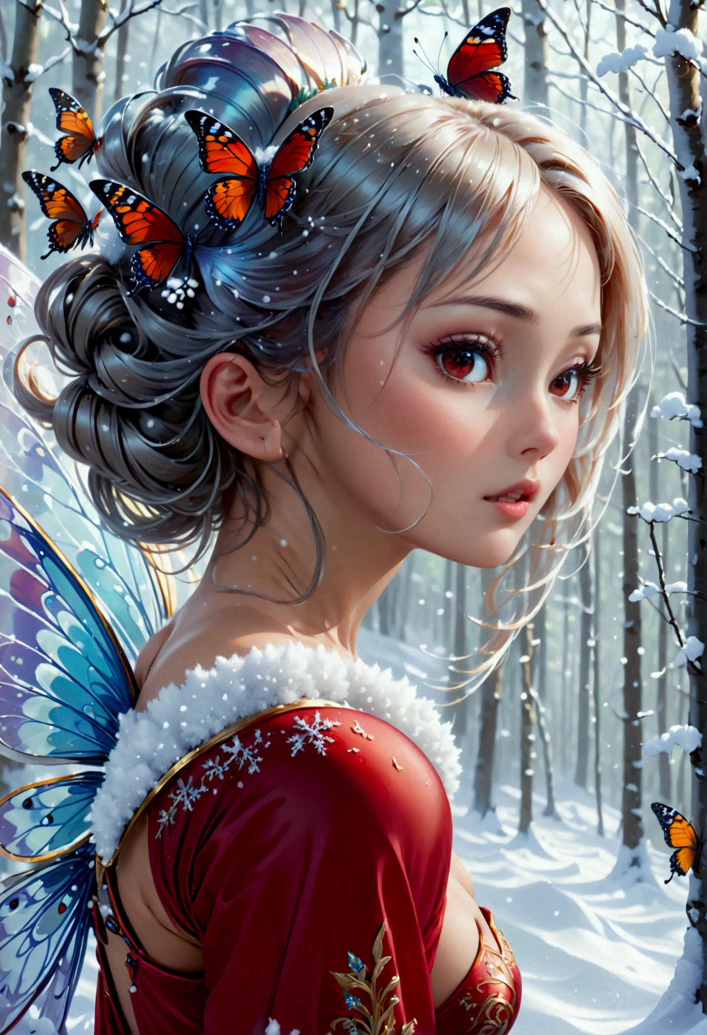 (oil painting art: 1.5) a most beautiful fairy playing in the snow, a beautiful fairy, ((full body shot: 1.5)), (best detailed face: 1.3), spread butterfly wings, dynamic hair color, dynamic hair style, busty, wearing red silk dress, intricate silk, wearing high heels boots, she is playing the snow, fresh snow in the forest, high snow, long shot,  High Detail, Ultra High Quality, High Resolution, 16K Resolution, Ultra HD Pictures, Ultra Realistic, Clear Details, Realistic Detail, Ultra High Definition, DonMF41ryW1ng5XL, Cryptic Paladin 001