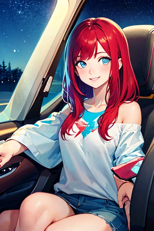 ((masterpiece)), (((best quality))), chromatic lighting,
colorized, red + white limited color palette, 
detailed concept drawing, driving a car, at night
portrait, 20yo 1girl, blue sky, medium soft breasts, slender, green, long red hair, blue eyes, smiling