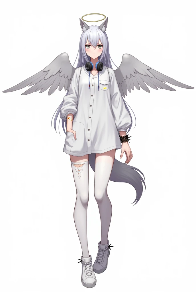 Character with white sneakers, a pair of ripped white pants with a pocket a white blouse with a pocket and long sleeve headphones around the neck, ángel wings, a wolf's tail, a small white ponytail up and white hair angel halo a symbol in the eye a bracelet of thorns on the wrist serious face with a small smile anime style man png