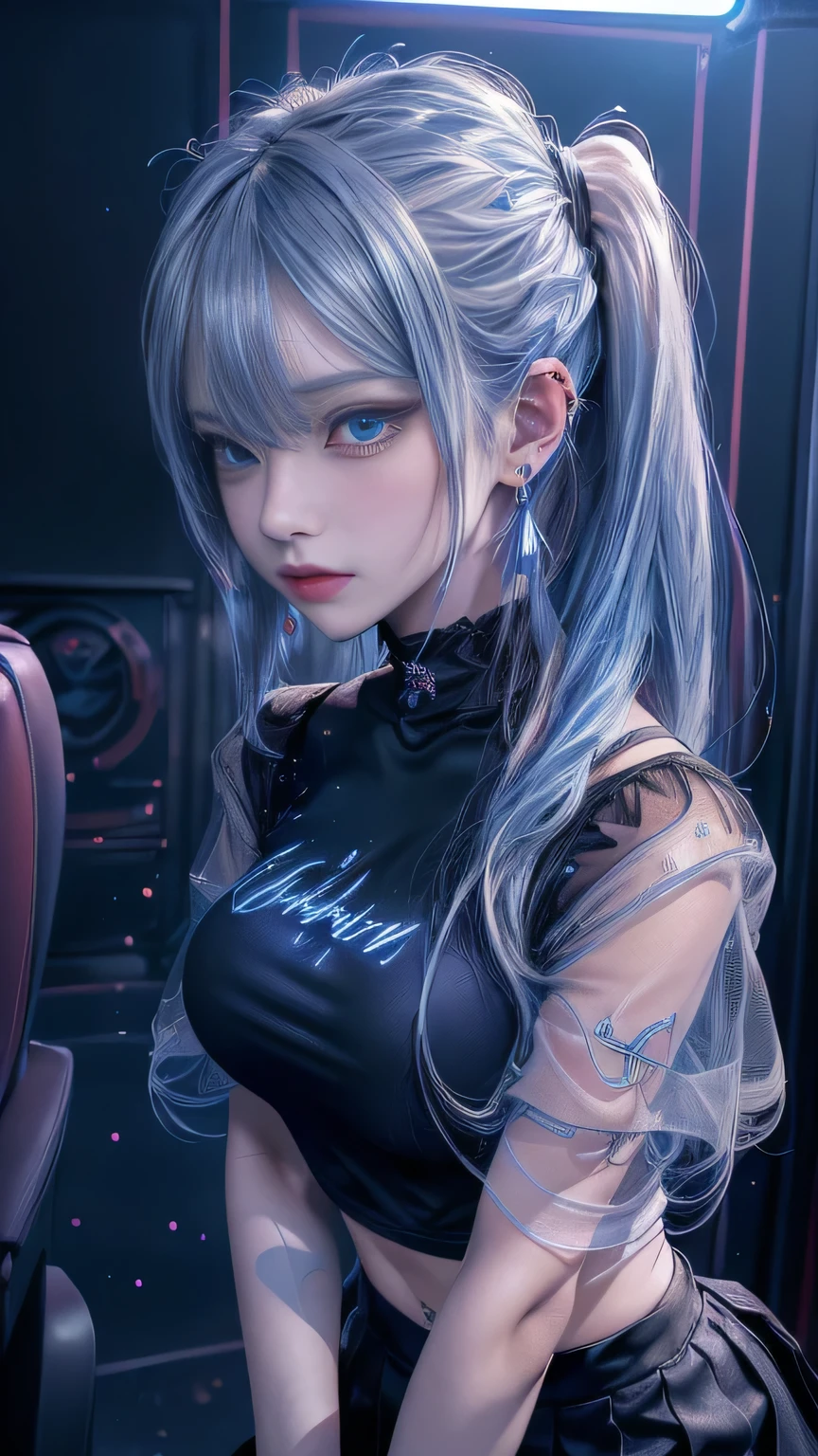 top-quality、Top image quality、masterpiece、girl with((18year old、Best Bust、Medium bust、Bust 85,Beautiful blue eyes、Breasts wide open,Black Short Sleeve T-Shirt、White see-through、Black short skirt、Ponytail with black hair、grin、Fashionable bags、Beautiful blue earrings、emphasis on the buttocks、A slender、Height 175cm,posterior view、Leaning forward、Blue hair mesh))hiquality、Beautiful Art、Background with((Inside the cinema、Red and blue lighting)),masutepiece、Elaborate design、visualart、depth of fields、The best lighting、highestdetailed、