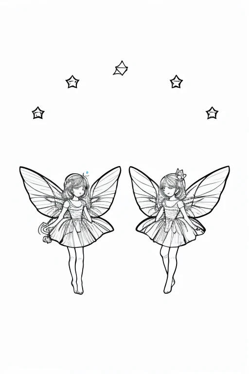 A simple, clear line drawing of fairies on a white background, especially for children to color. The fairies should look happy and playful, with wings and simple details like flowers or stars. Use few shades of grey, so that the picture can be easily colored. minimalist design, suitable for young children