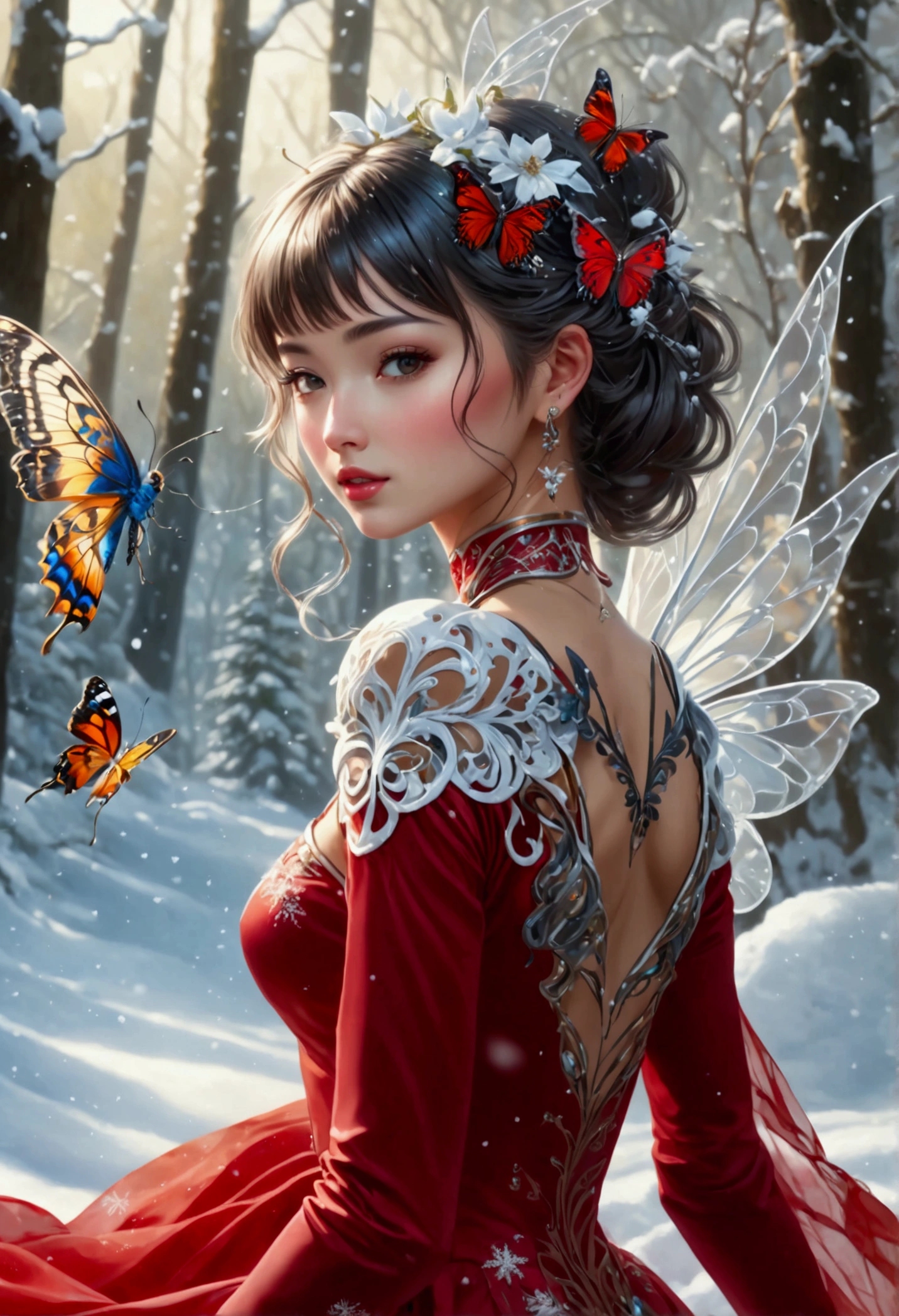 (oil painting art: 1.5) a most beautiful fairy playing in the snow, a beautiful fairy, ((full body shot: 1.5)), (best detailed face: 1.3), spread butterfly wings, dynamic hair color, dynamic hair style, busty, wearing red silk dress, intricate silk, wearing high heels boots, she is playing the snow, fresh snow in the forest, high snow, long shot,  High Detail, Ultra High Quality, High Resolution, 16K Resolution, Ultra HD Pictures, Ultra Realistic, Clear Details, Realistic Detail, Ultra High Definition, DonMF41ryW1ng5XL, Cryptic Paladin 001