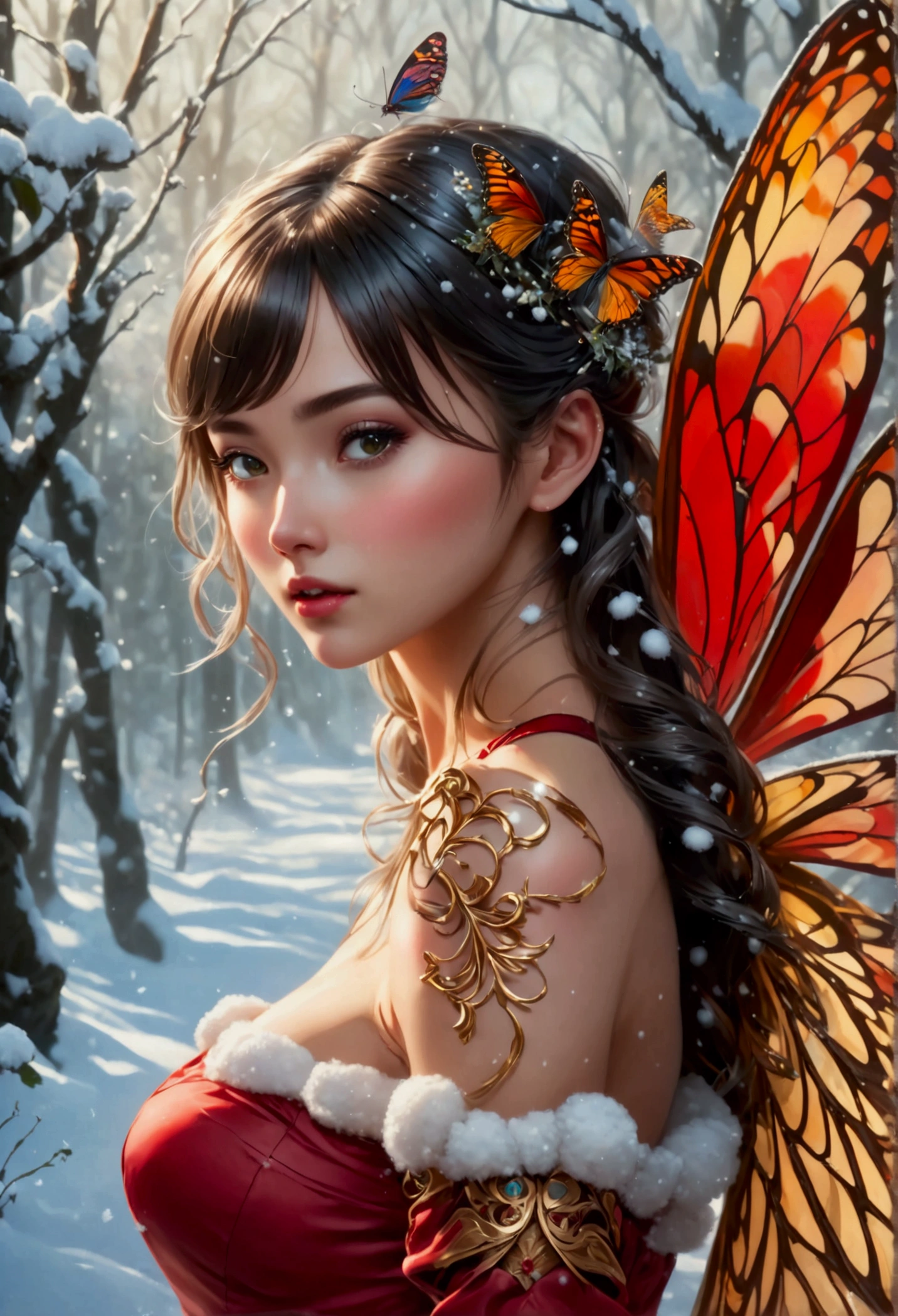 (oil painting art: 1.5) a most beautiful fairy playing in the snow, a beautiful fairy, ((full body shot: 1.5)), (best detailed face: 1.3), spread butterfly wings, dynamic hair color, dynamic hair style, busty, wearing red silk dress, intricate silk, wearing high heels boots, she is playing the snow, fresh snow in the forest, high snow, long shot,  High Detail, Ultra High Quality, High Resolution, 16K Resolution, Ultra HD Pictures, Ultra Realistic, Clear Details, Realistic Detail, Ultra High Definition, DonMF41ryW1ng5XL, Cryptic Paladin 001