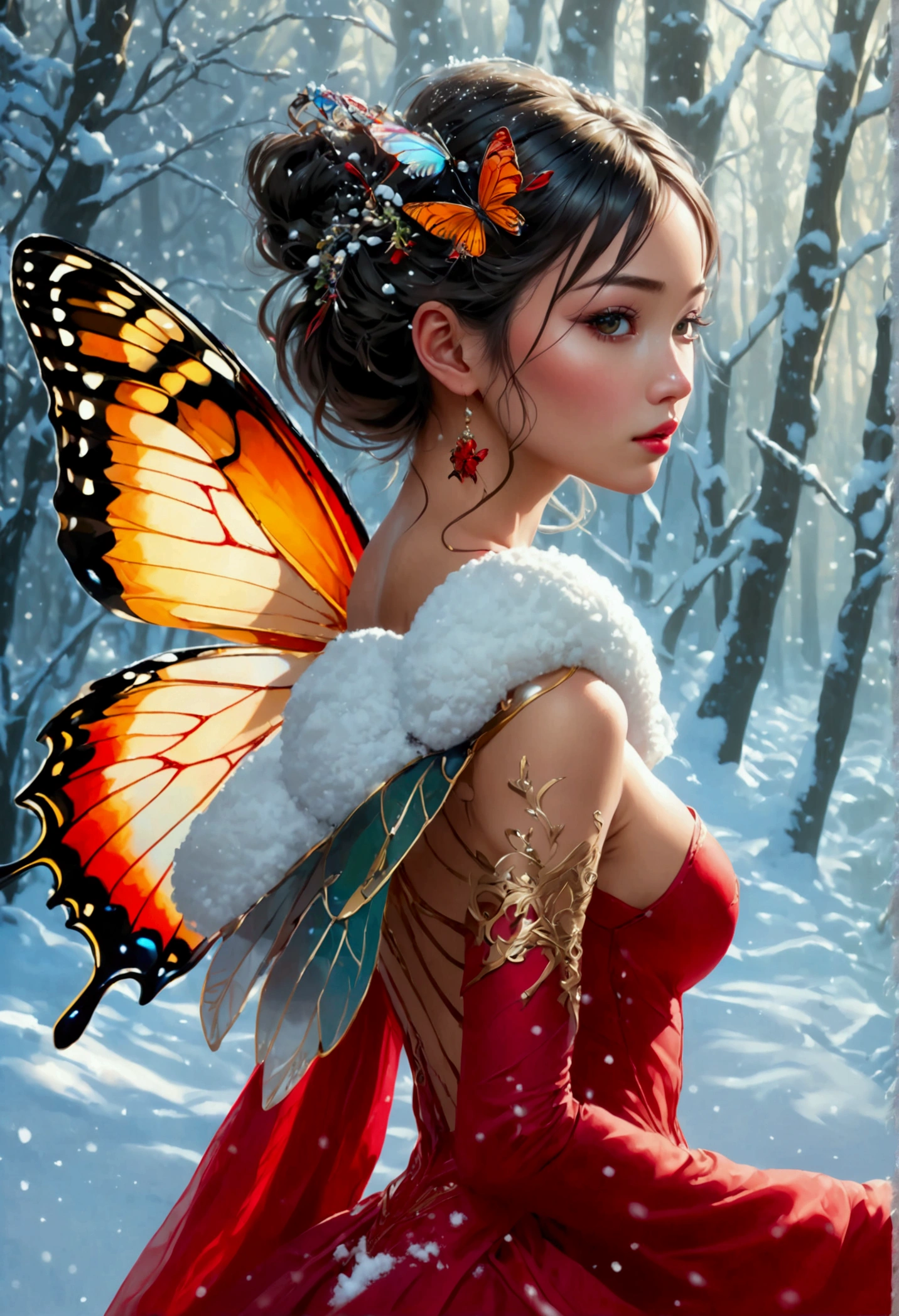 (oil painting art: 1.5) a most beautiful fairy playing in the snow, a beautiful fairy, ((full body shot: 1.5)), (best detailed face: 1.3), spread butterfly wings, dynamic hair color, dynamic hair style, busty, wearing red silk dress, intricate silk, wearing high heels boots, she is playing the snow, fresh snow in the forest, high snow, long shot,  High Detail, Ultra High Quality, High Resolution, 16K Resolution, Ultra HD Pictures, Ultra Realistic, Clear Details, Realistic Detail, Ultra High Definition, DonMF41ryW1ng5XL, Cryptic Paladin 001