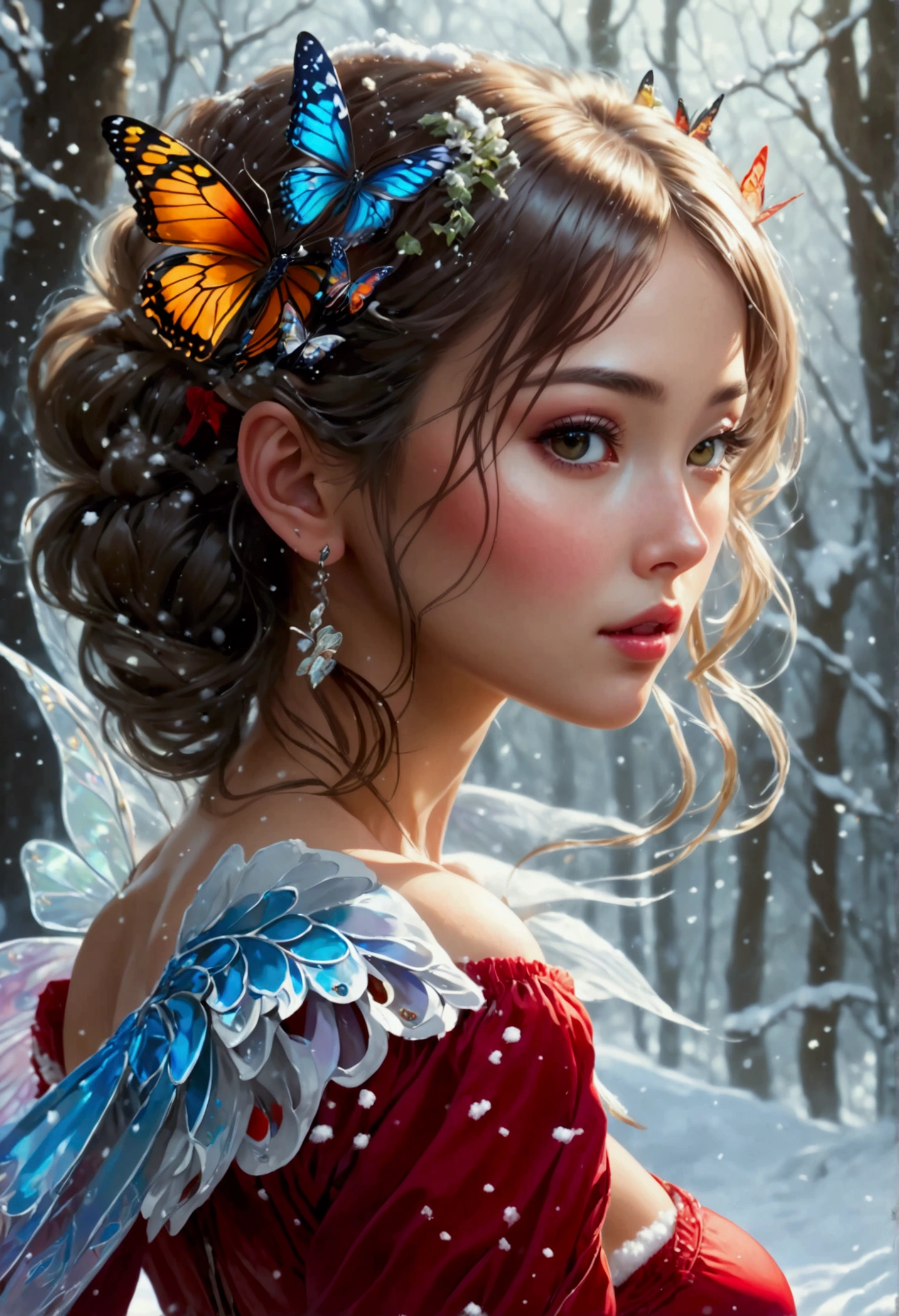 (oil painting art: 1.5) a most beautiful fairy playing in the snow, a beautiful fairy, ((full body shot: 1.5)), (best detailed face: 1.3), spread butterfly wings, dynamic hair color, dynamic hair style, busty, wearing red silk dress, intricate silk, wearing high heels boots, she is playing the snow, fresh snow in the forest, high snow, long shot,  High Detail, Ultra High Quality, High Resolution, 16K Resolution, Ultra HD Pictures, Ultra Realistic, Clear Details, Realistic Detail, Ultra High Definition, DonMF41ryW1ng5XL, Cryptic Paladin 001