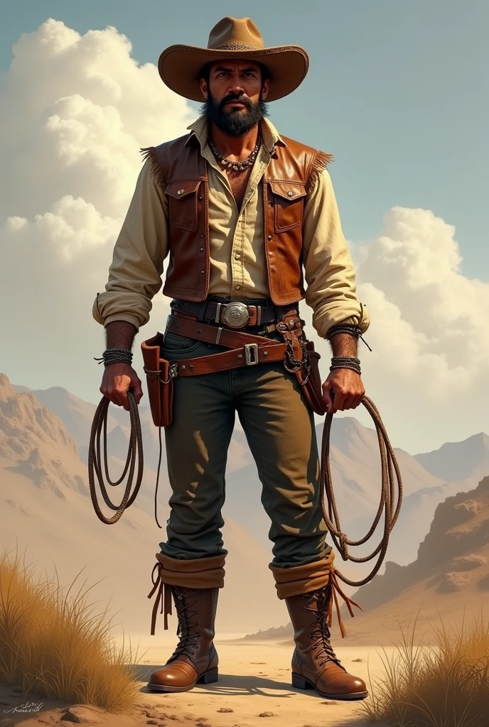 Appearance: Zé Vaqueiro is often described as a man with a firm bearing, wearing typical cowboy clothes, like brown leather hat, gibbon, leggings and boots. He can also carry a lasso, whip or a cattleman's leash. Personalidade: It's a strong spirit, Coraggioso, hardworking and fearless. Its energy is associated with resistance, to the struggle and overcoming of the difficulties of the backlands. He is respected for his wisdom and ability to deal with life's challenges.. Spiritual Attributions: Zé Vaqueiro is known for being the protector of rural workers, especially cowboys and farmers. He is also invoked to help cure illnesses., in protection against witchcraft, and to bring strength in times of difficulty. a young man with a brown leather vest and a white dress shirt and a leather whip in his hand, a Black man