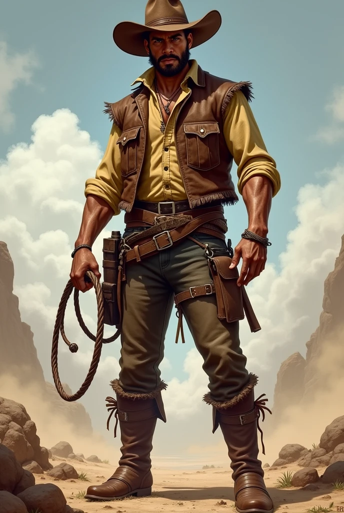 Appearance: Zé Vaqueiro is often described as a man with a firm bearing, wearing typical cowboy clothes, like brown leather hat, gibbon, leggings and boots. He can also carry a lasso, whip or a cattleman's leash. Personalidade: It's a strong spirit, Coraggioso, hardworking and fearless. Its energy is associated with resistance, to the struggle and overcoming of the difficulties of the backlands. He is respected for his wisdom and ability to deal with life's challenges.. Spiritual Attributions: Zé Vaqueiro is known for being the protector of rural workers, especially cowboys and farmers. He is also invoked to help cure illnesses., in protection against witchcraft, and to bring strength in times of difficulty. a young man with a brown leather vest and a white dress shirt and a leather whip in his hand, a Black man