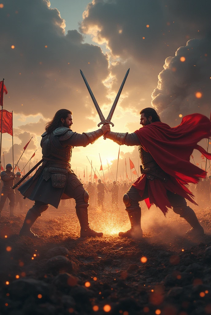 Epic Duel with the Enemy Leader: Leon and the enemy leader in a dramatic confrontation. The swords meet, creating sparks in the air. Both warriors are focused and determined, with the surrounding battlefield filled with fighting soldiers, smoke, and fallen flags. The sky is covered in dark clouds, reflecting the intensity of the duel. "hyper realistic"
