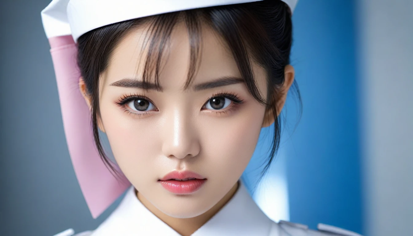 8k, Ultra-high resolution, Highest quality, masterpiece, 三分割法によるphotograph,Surreal, photograph, 1 , (:1.3), cute, cute顔, 細部までBeautiful Eyes, 細かくdetailedに,masterpiece,One Girl:1.2,Japanese women,nurse,upper body,glaring,Black short hair,half updo,ID photo,(Futuristic nurse uniform:1.3),cyber punk,Medical Treatment Room,white collar,(Beautiful attention to detail),Subtle details, detailedな顔,anger,Attractive eyes,(ポートレートphotograph:1.4),(Photorealistic images:1.4),Fantasy art,(Beautiful Face:1.4),美しくAttractive eyes、Beautiful Eyes,Silver residue,(Tight waist:1.4)、(Beautiful with perfect body proportions:1.4),Pink Lips,profile,(((Ideal body type))),A-cup small breasts :2,、Portraiture:2、Perfect Anatomy、鮮明なdetailed、detailed,Fashion magazine cover,Thin lips,完璧でBeautiful Face ,完璧でcute顔, Skin with attention to detail, Perfect limbs、Narrow waist,Surreal,Light and shadow,spotlight