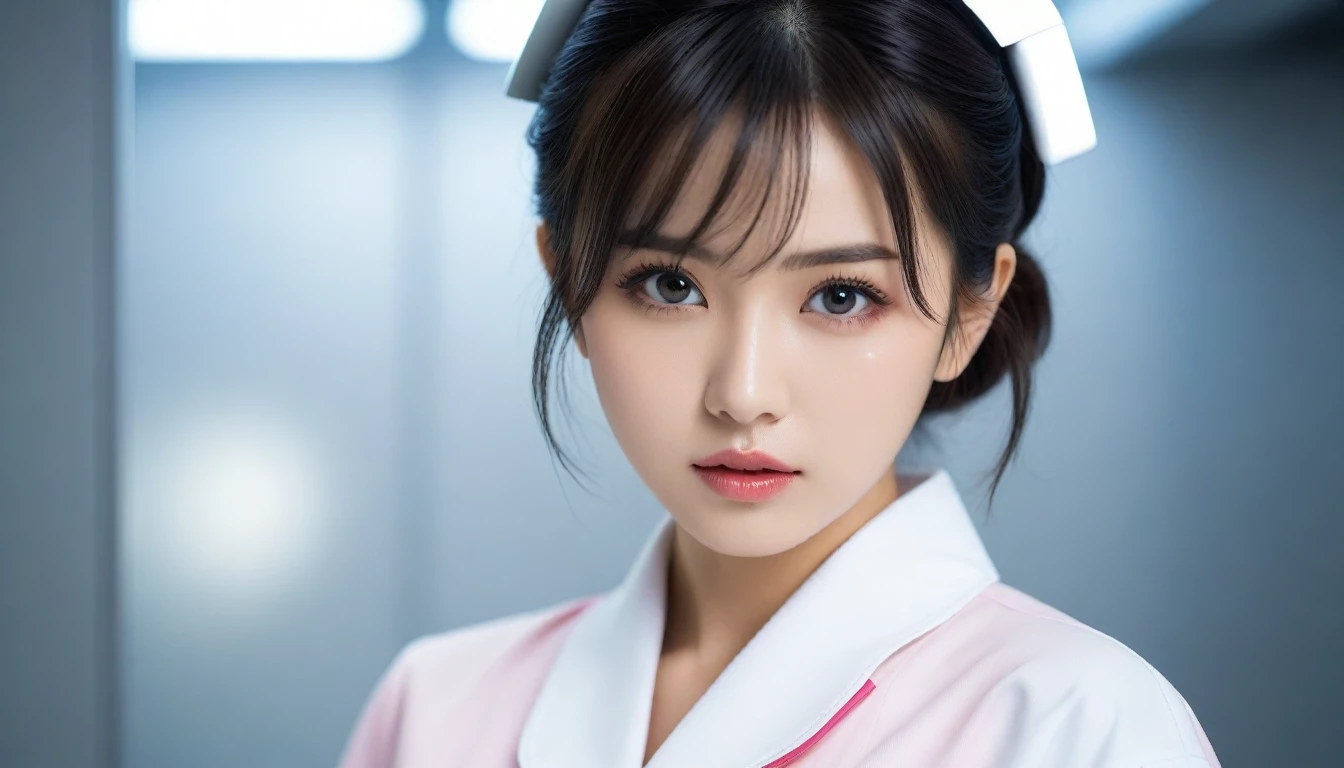 8k, Ultra-high resolution, Highest quality, masterpiece, 三分割法によるphotograph,Surreal, photograph, 1 , (:1.3), cute, cute顔, 細部までBeautiful Eyes, 細かくdetailedに,masterpiece,One Girl:1.2,Japanese women,nurse,upper body,glaring,Black short hair,half updo,ID photo,(Futuristic nurse uniform:1.3),cyber punk,Medical Treatment Room,white collar,(Beautiful attention to detail),Subtle details, detailedな顔,anger,Attractive eyes,(ポートレートphotograph:1.4),(Photorealistic images:1.4),Fantasy art,(Beautiful Face:1.4),美しくAttractive eyes、Beautiful Eyes,Silver residue,(Tight waist:1.4)、(Beautiful with perfect body proportions:1.4),Pink Lips,profile,(((Ideal body type))),A-cup small breasts :2,、Portraiture:2、Perfect Anatomy、鮮明なdetailed、detailed,Fashion magazine cover,Thin lips,完璧でBeautiful Face ,完璧でcute顔, Skin with attention to detail, Perfect limbs、Narrow waist,Surreal,Light and shadow,spotlight