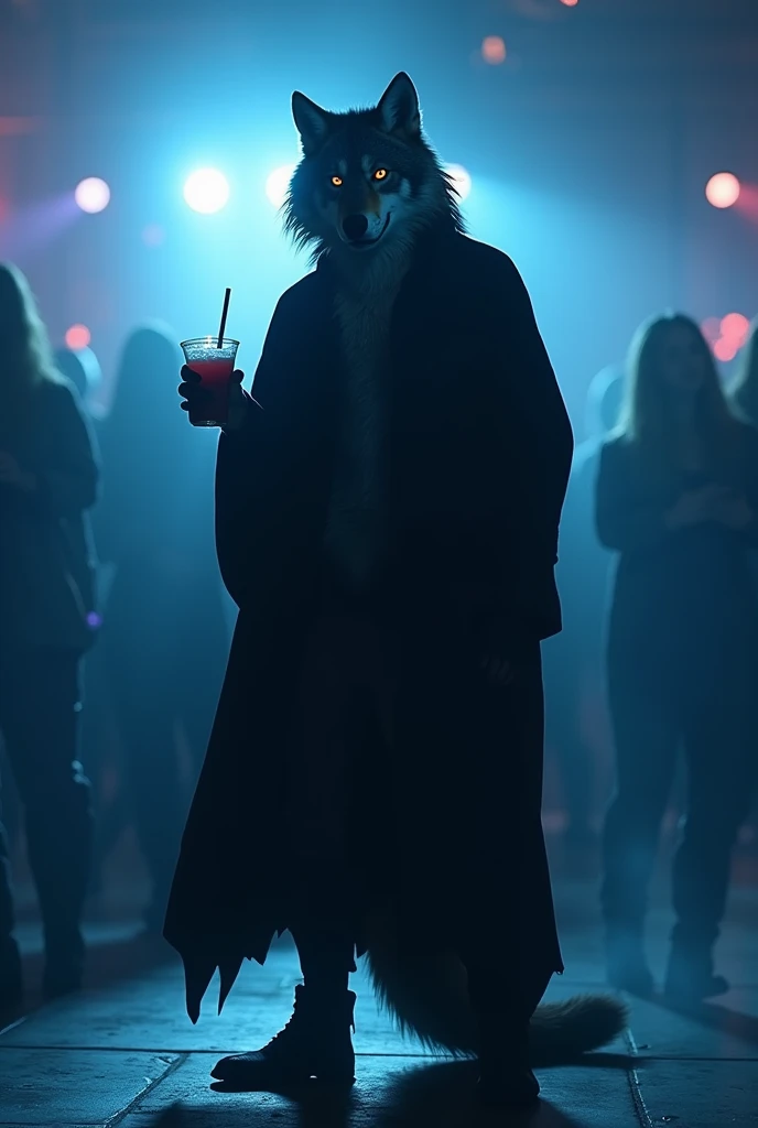a university wolf, he is wearing a dark outfit for halloween, he has a drink in his hand, in the background there is a dance floor, The air is gloomy, the reference color blue, the idea is to create suspense