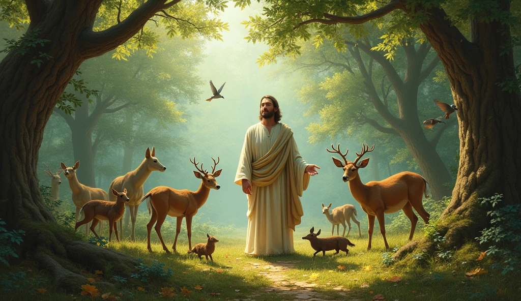 Enoch interacting with wild animals, like deer and birds, in a beautiful natural environment. The scene is rich in green and earthy colors, symbolizing harmony between man and creation.