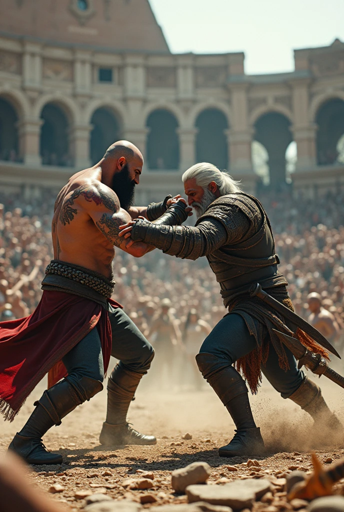 Old Kratos vs Geralt, fighting against each other in a populated colosseum