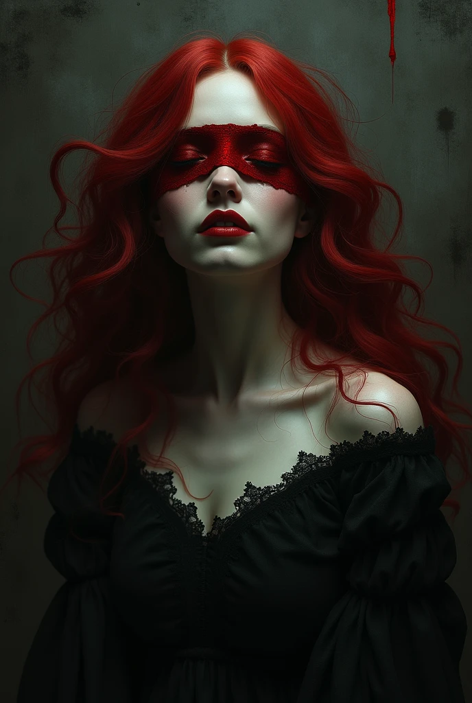 woman with pale skin, red hair and a red blindfold covering her eyes in a horror scene