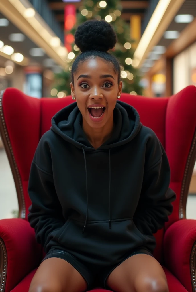 Black woman wearing leather short shorts and black hoodie hair in a bun setting on santas lap in the mall. The look on her face is eyes wide open and excited