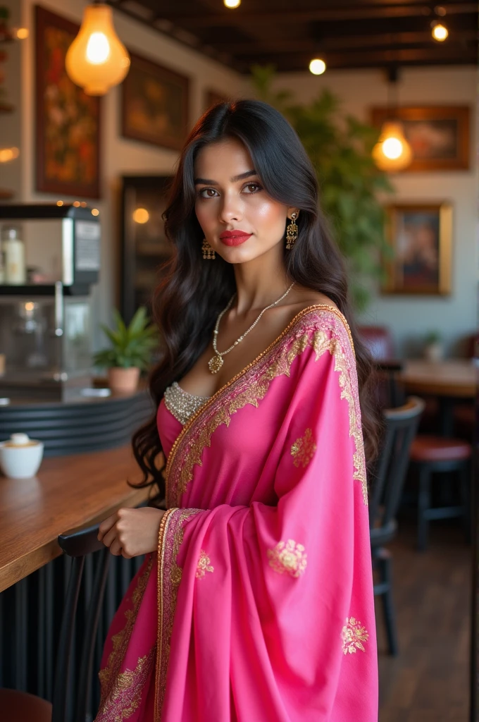 Western dress with pink sari, red lipstick and age 20 near about coffee bar