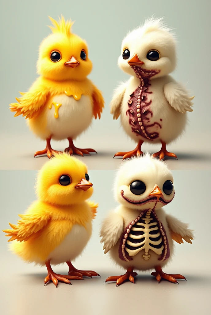 A half-cheese chick, a chick with a zombified appearance, A little chick half octopus, a skeletal chick , in total 4 chicks