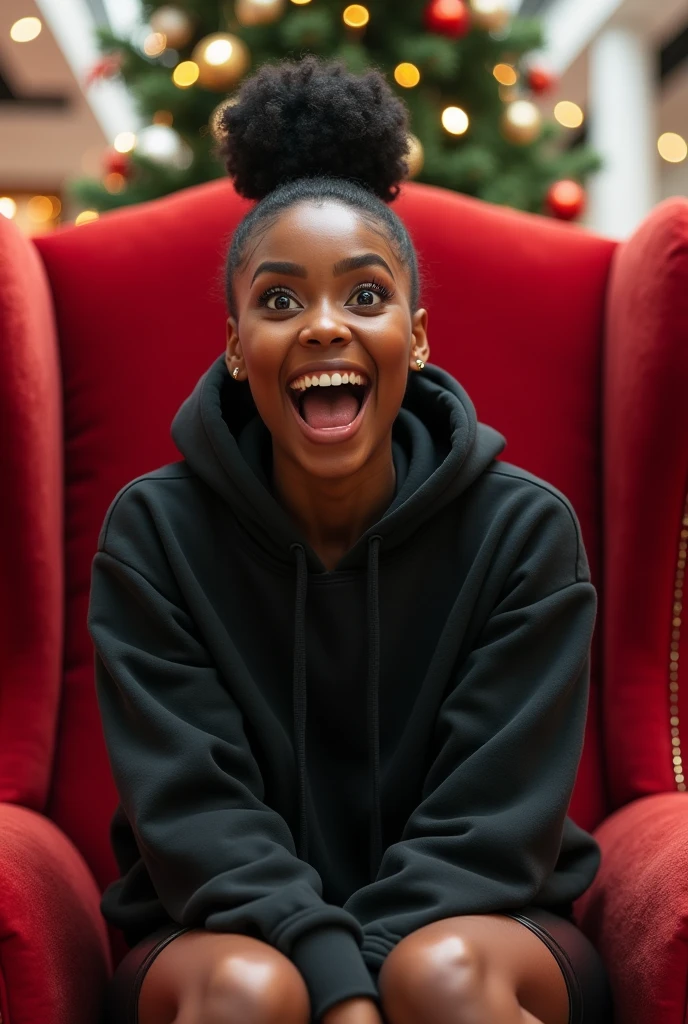 Black woman wearing leather short shorts and black hoodie hair in a bun setting on santas lap in the mall. The look on her face is eyes wide open and excited
