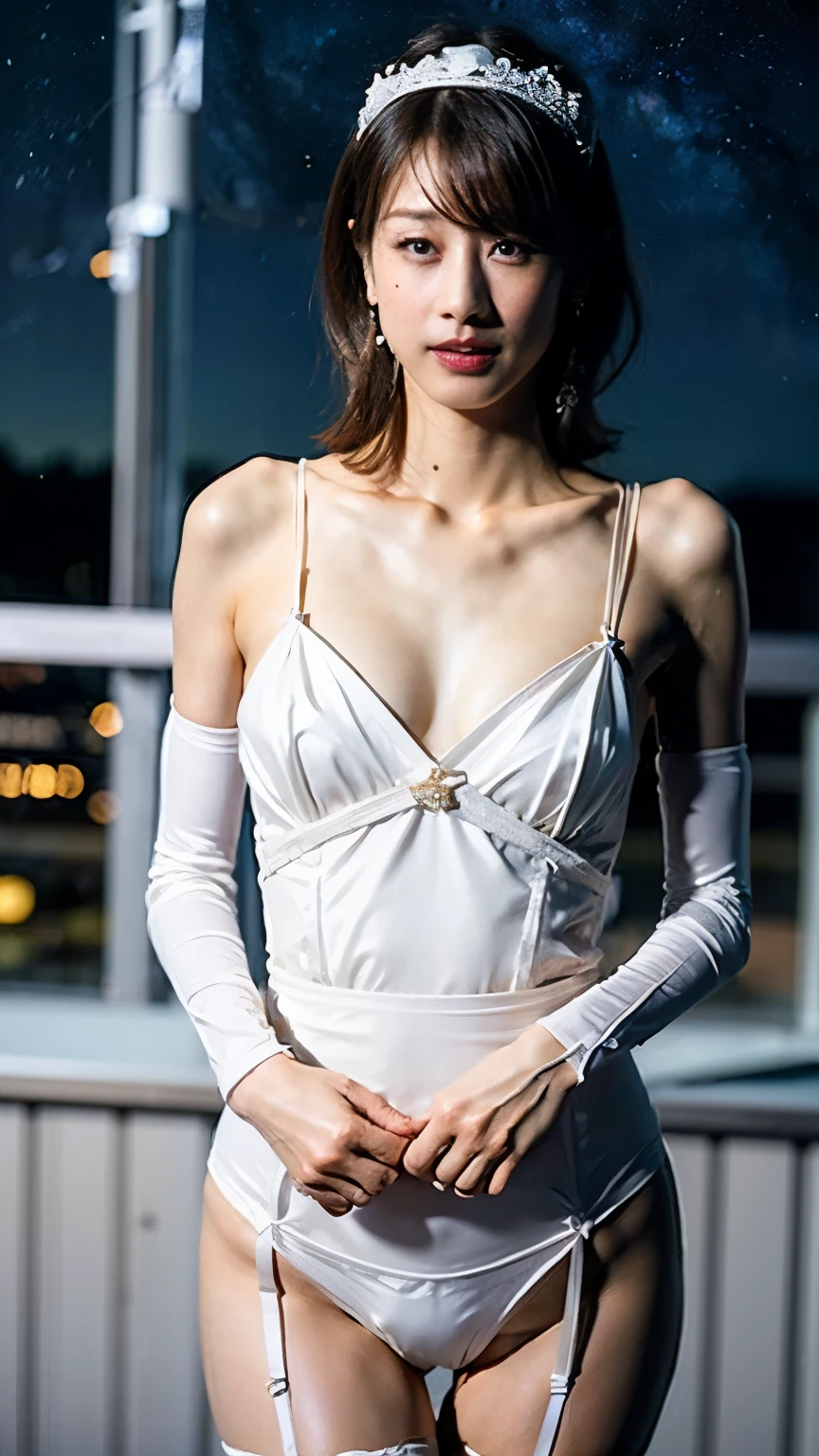 ((Tabletop:1.4, Highest quality)), (Realistic photos:1.4), ((1 person)), Shiny black hair, (超High resolution:1.2), Very delicate and beautiful, wonderful, Very detailed CG Unity 8k 壁紙, Very detailed, High resolution, やわらかいLight, Beautiful detailed, Very detailed目と顔, Beautiful and detailed nose, Beautiful and detailed, (White silk garter belt:1.4), Cinema Lighting, Perfect Anatomy, Slender body, Hard chest, (Create the night sky), (Stars in the sky:1.4), (The beauty of the Milky Way'Light:1.4), (A beautiful form with an inorganic feel), Cowboy Shot, legs protruding from the frame, Looking at the audience