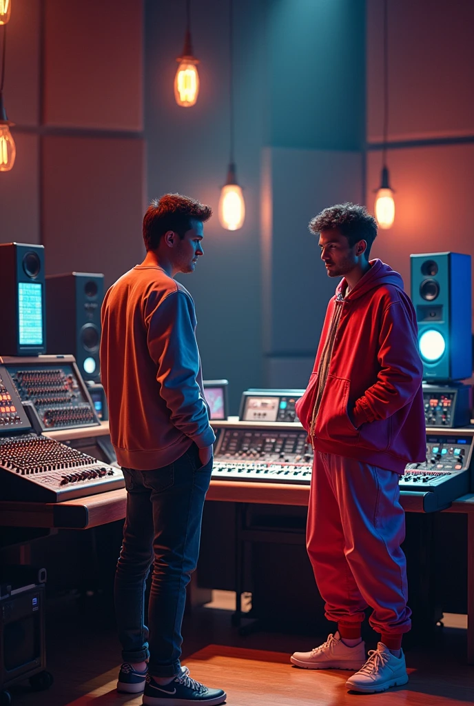 A man in a recording studio next to a producer with red, blue, lilac colors