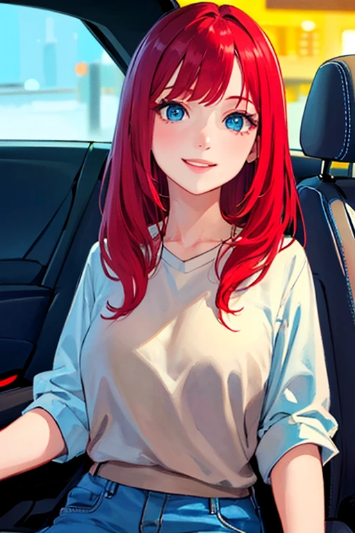 ((masterpiece)), (((best quality))), chromatic lighting,
colorized, red + white limited color palette, 
detailed concept drawing, driving a car, at night
portrait, 20yo 1girl, blue sky, medium soft breasts, slender, green, long red hair, blue eyes, smiling