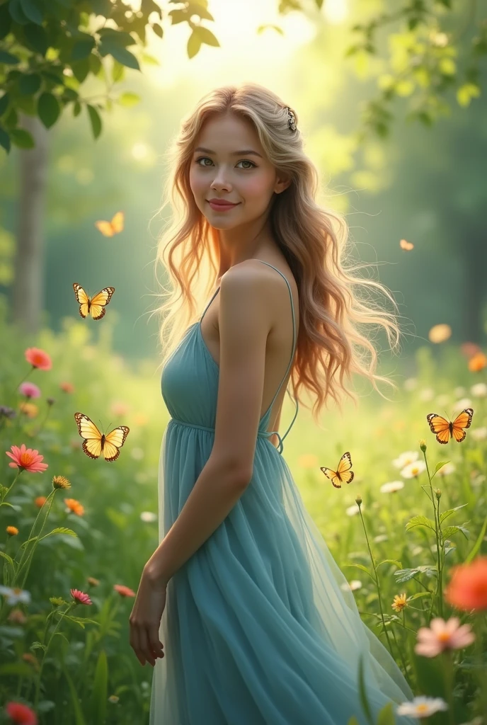 ,masterpiece, best quality,8k, ultra highres,Reallightandshadow,Cinema lenses,(beautidful eyes:1.1), ((The scene is,The upper part of the body)),dynamicposes,On a green meadow,A gentle goddess came with a gentle step。She wore a blue dress not inside bra transparent up of legs fully show A gentle breeze blows,lightly。The sun shines through the leaves on her hair,Reflecting her clear eyes and gentle smile。Colorful butterflies flew around her,Flowers bloomed at her feet,It was as if nature was cheering for her。