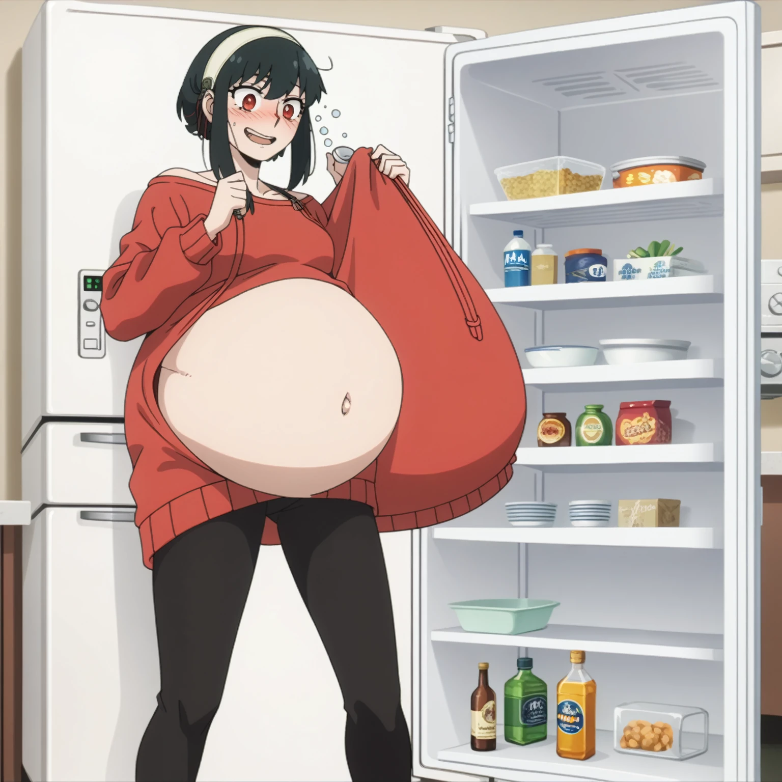 I look at the viewer, One, yorforger,1 girl, ((medium breast)), ((belly stuffed)), ((huge belly)), ((Very drunk)), ((staggers)), black hair, Red eyes, short hair with long strands, white hair band, from the shoulder, ((red sweater)), black tights, ((drank too much)), ((exhausted)), ((excited)), ((in front of the refrigerator)), ((Outdoor refrigerator)), ((lean on the fridge)),