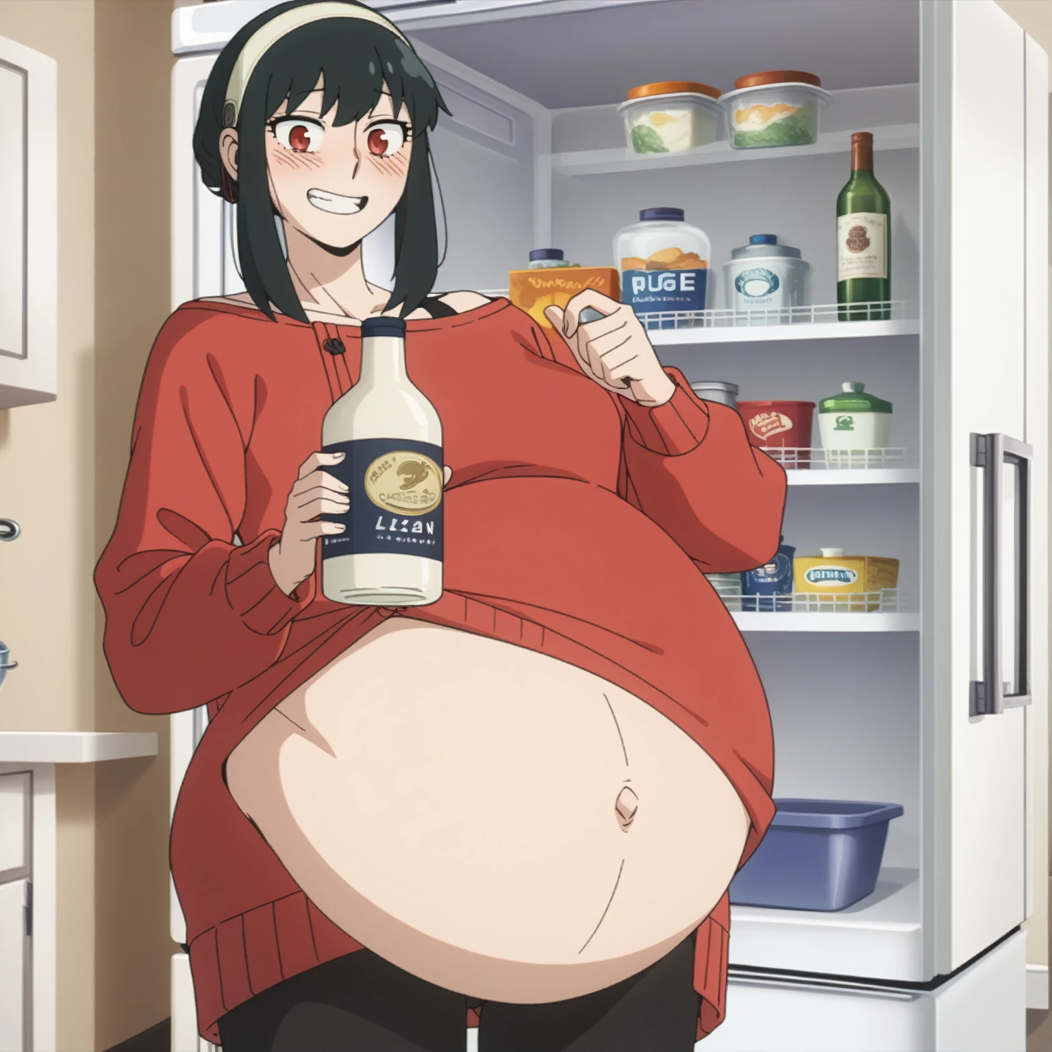 I look at the viewer, One, yorforger,1 girl, ((medium breast)), ((belly stuffed)), ((huge belly)), ((Very drunk)), ((staggers)), black hair, Red eyes, short hair with long strands, white hair band, from the shoulder, ((red sweater)), black tights, ((drank too much)), ((exhausted)), ((excited)), ((in front of the refrigerator)), ((Outdoor refrigerator)), ((lean on the fridge)),