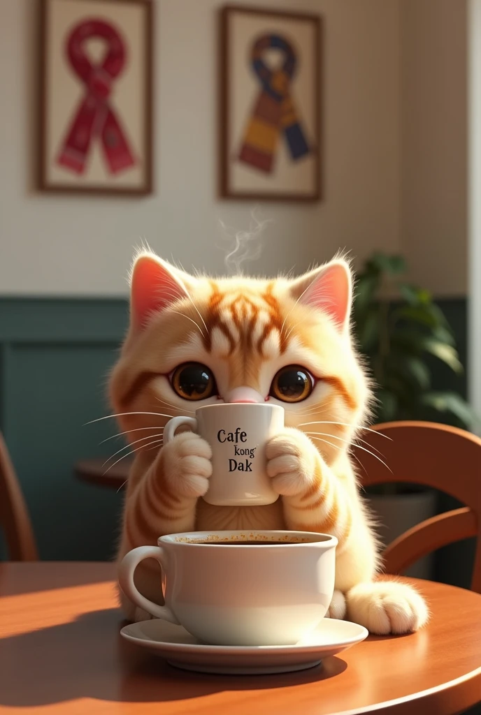 A Scottish Fold cat drinks coffee in a cozy cafe. The cat has tiger-patterned fur. Make the word "cafe Kong dak" on the coffee cup. Make sure the coffee is steaming hot. Make me a cute cat girl. The interior decoration is made up of framed Hermes scarf designs on white walls. realistic.