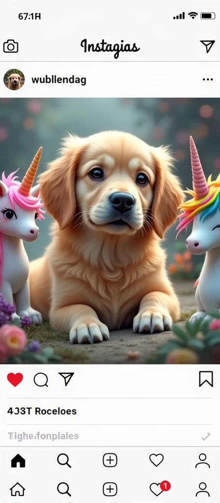 a golden dog looking straight ahead with colorful unicorns next to it, make it adorable