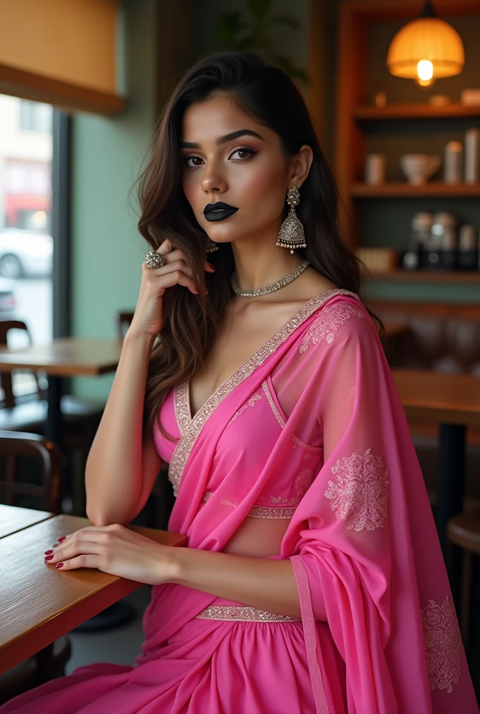 Western dress with pink sari, black lipstick and age 20 near about coffee bar