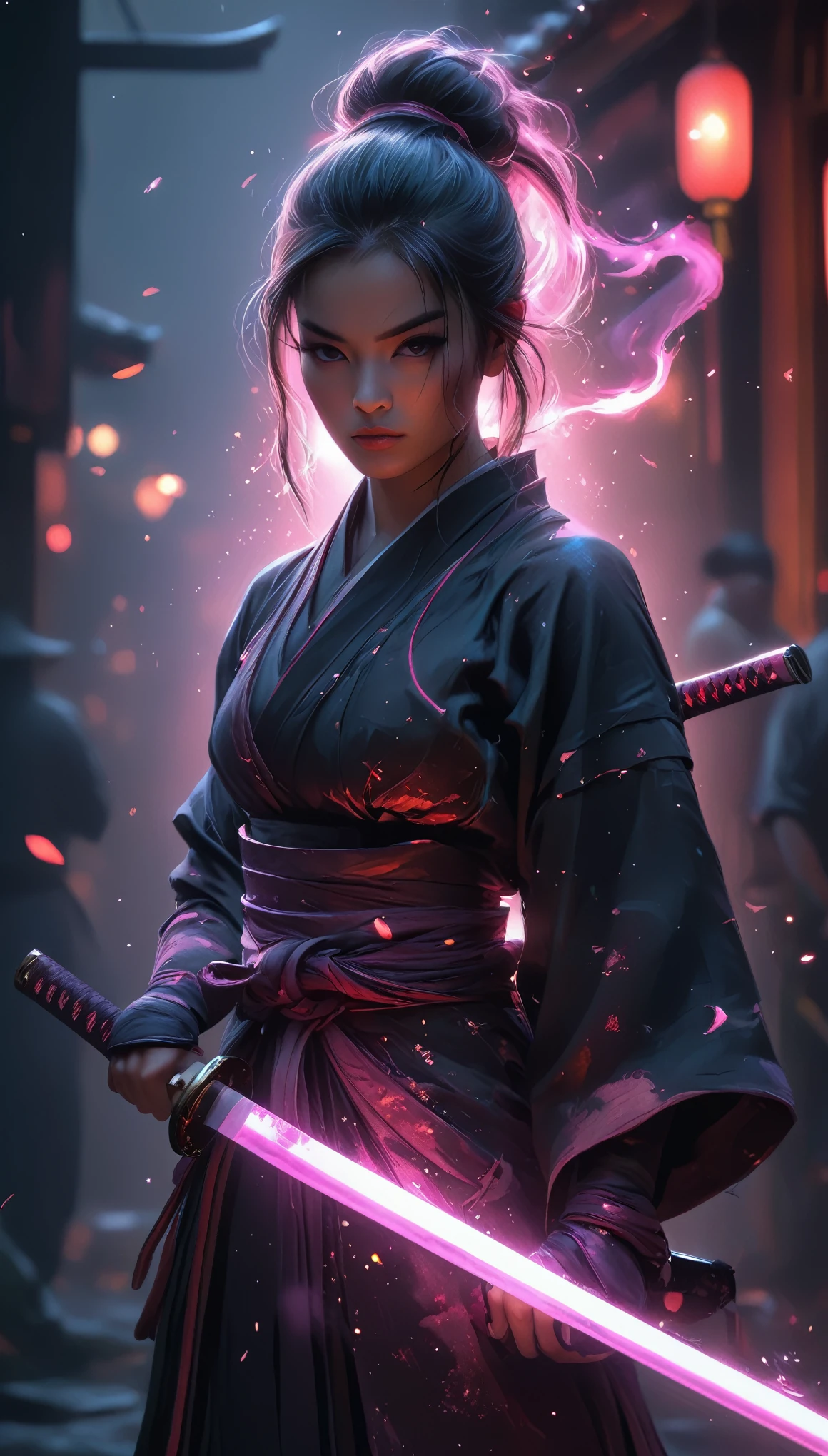 Samurai, 25yo woman, hyperrealism, very detailed skin, 4k,,, AshleyWoodArtAI,, katana profile picture, Organic Painting, night time, Matte Painting, bold shapes, hard edges, street art, trending on artstation, by Huang Guangjian and Gil Elvgren and Sachin Teng, Glow, katana