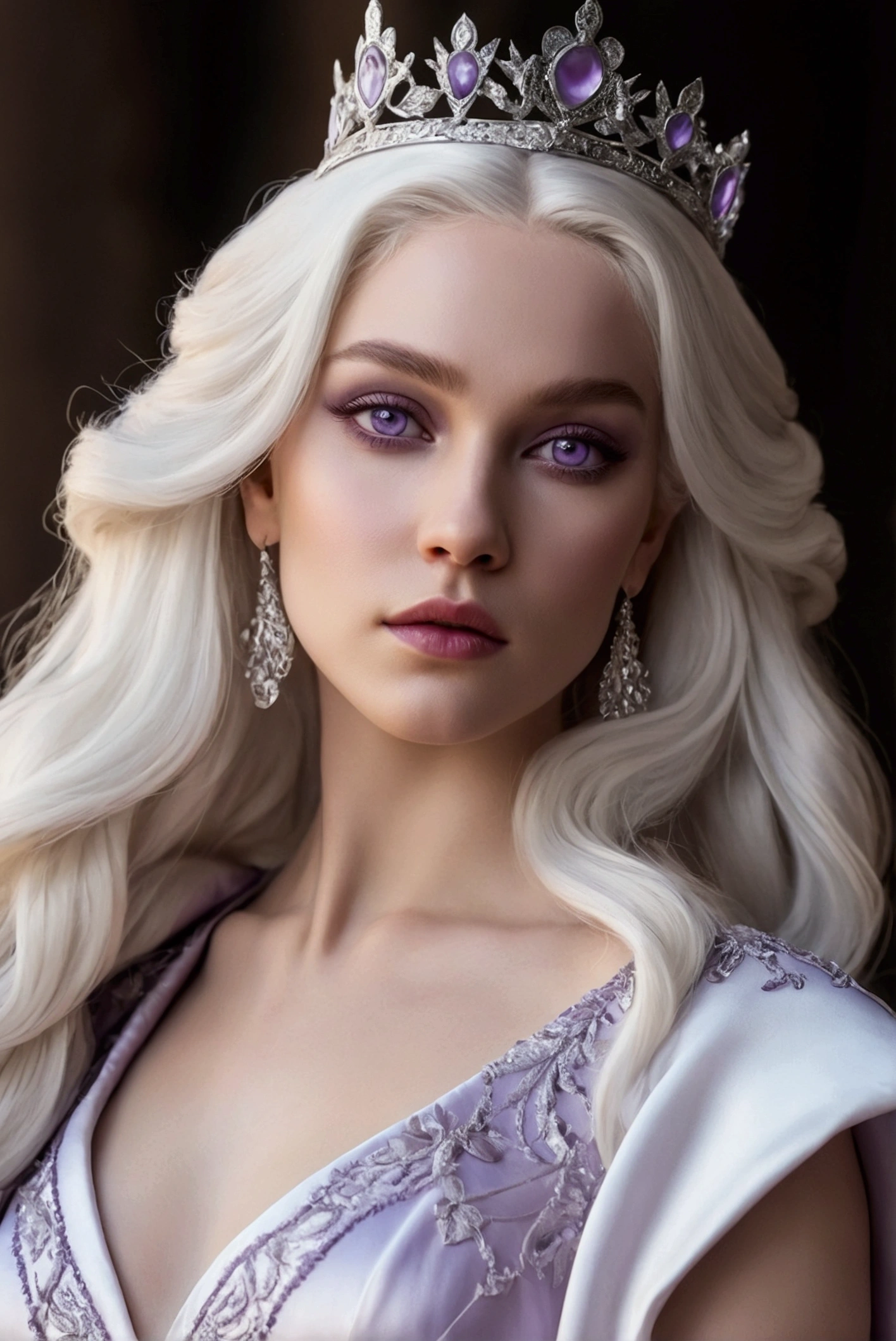 A beautiful Targaryen Women with long Platinum blonde hair, lilac eyes, she's wearing a royal white silky Queen gown, realistic