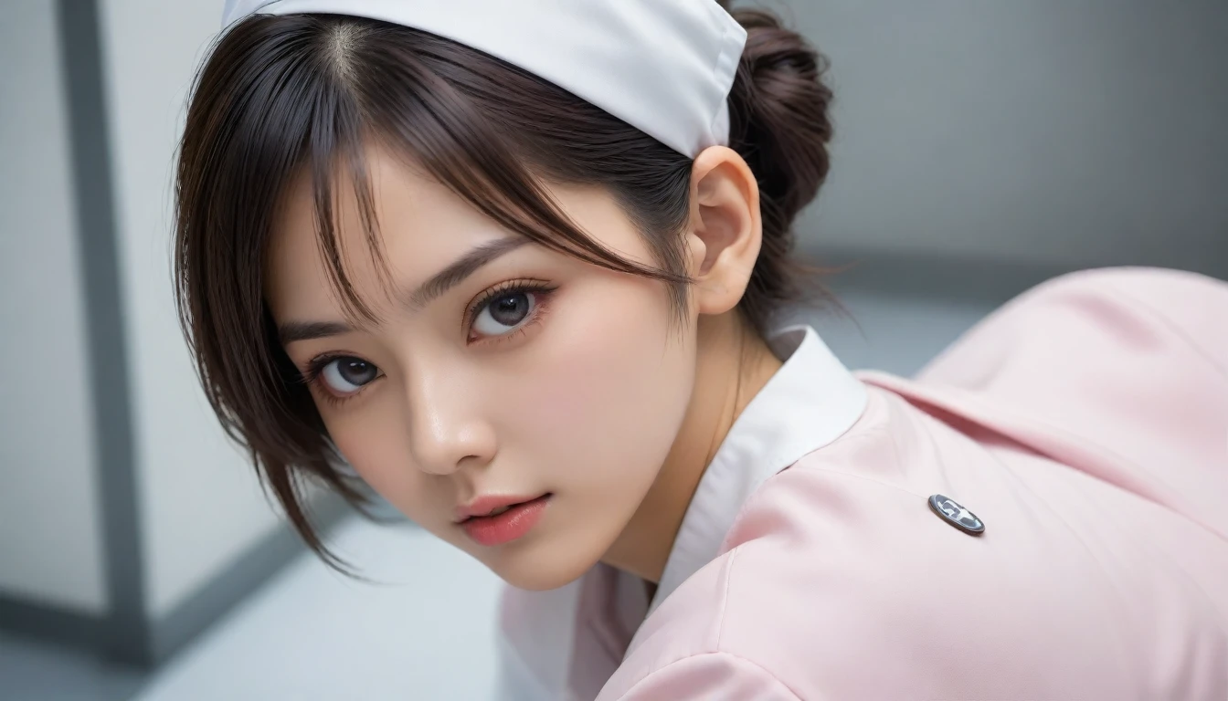 8k, Ultra-high resolution, Highest quality, masterpiece, 三分割法によるphotograph,Surreal, photograph, 1 , (:1.3), cute, cute顔, 細部までBeautiful Eyes, 細かくdetailedに,masterpiece,One Girl:1.2,Japanese women,nurse,upper body,glaring,Black short hair,half updo,ID photo,(Futuristic nurse uniform:1.3),cyber punk,Medical Treatment Room,white collar,(Beautiful attention to detail),Subtle details, detailedな顔,anger,Attractive eyes,(ポートレートphotograph:1.4),(Photorealistic images:1.4),Fantasy art,(Beautiful Face:1.4),美しくAttractive eyes、Beautiful Eyes,Silver residue,(Tight waist:1.4)、(Beautiful with perfect body proportions:1.4),Pink Lips,profile,(((Ideal body type))),A-cup small breasts :2,、Portraiture:2、Perfect ???????、鮮明なdetailed、detailed,Fashion magazine cover,Thin lips,完璧でBeautiful Face ,完璧でcute顔, Skin with attention to detail, Perfect limbs、Narrow waist,Surreal,Light and shadow,spotlight