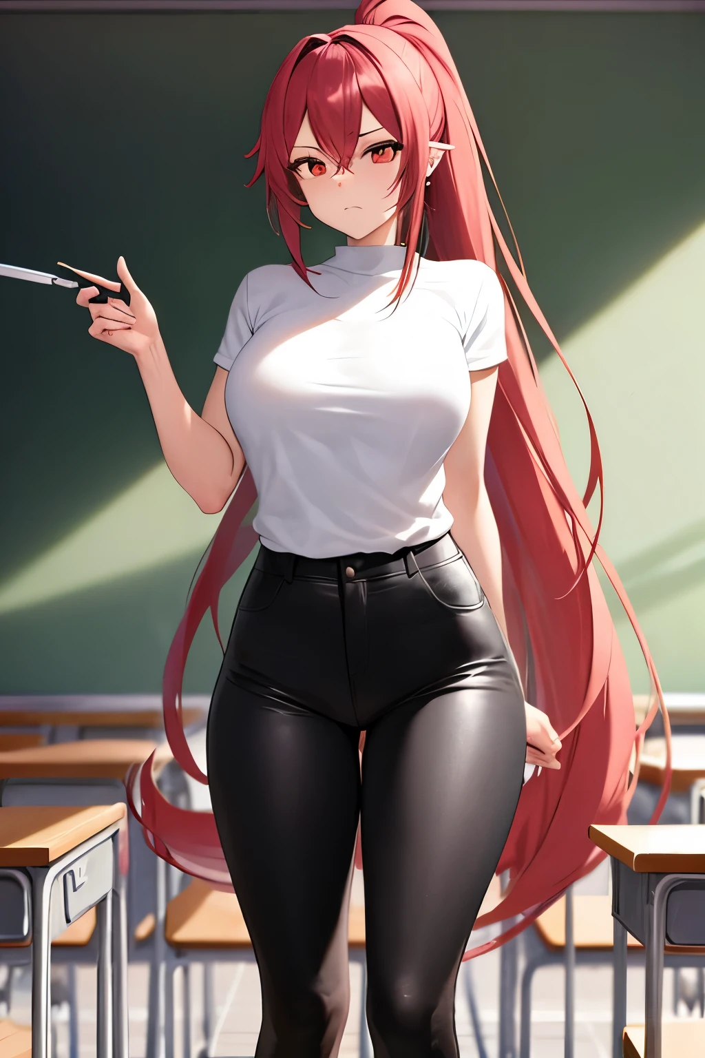 (masterpiece), best quality, BREAK, expressive eyes, (perfect face), 1girl, BREAK,( very long hair, red hair, ponytail), BREAK, (red eyes, agressive eyes, detailed eyes), BREAK, (unpleasant facial expression), BREAK, (very tall height), (skinny build), BREAK, (leather motocycle jacket), BREAK, (black pants), BREAK, (sneakers), BREAK, (classroom), BREAK, (looking at viewer), (standing)