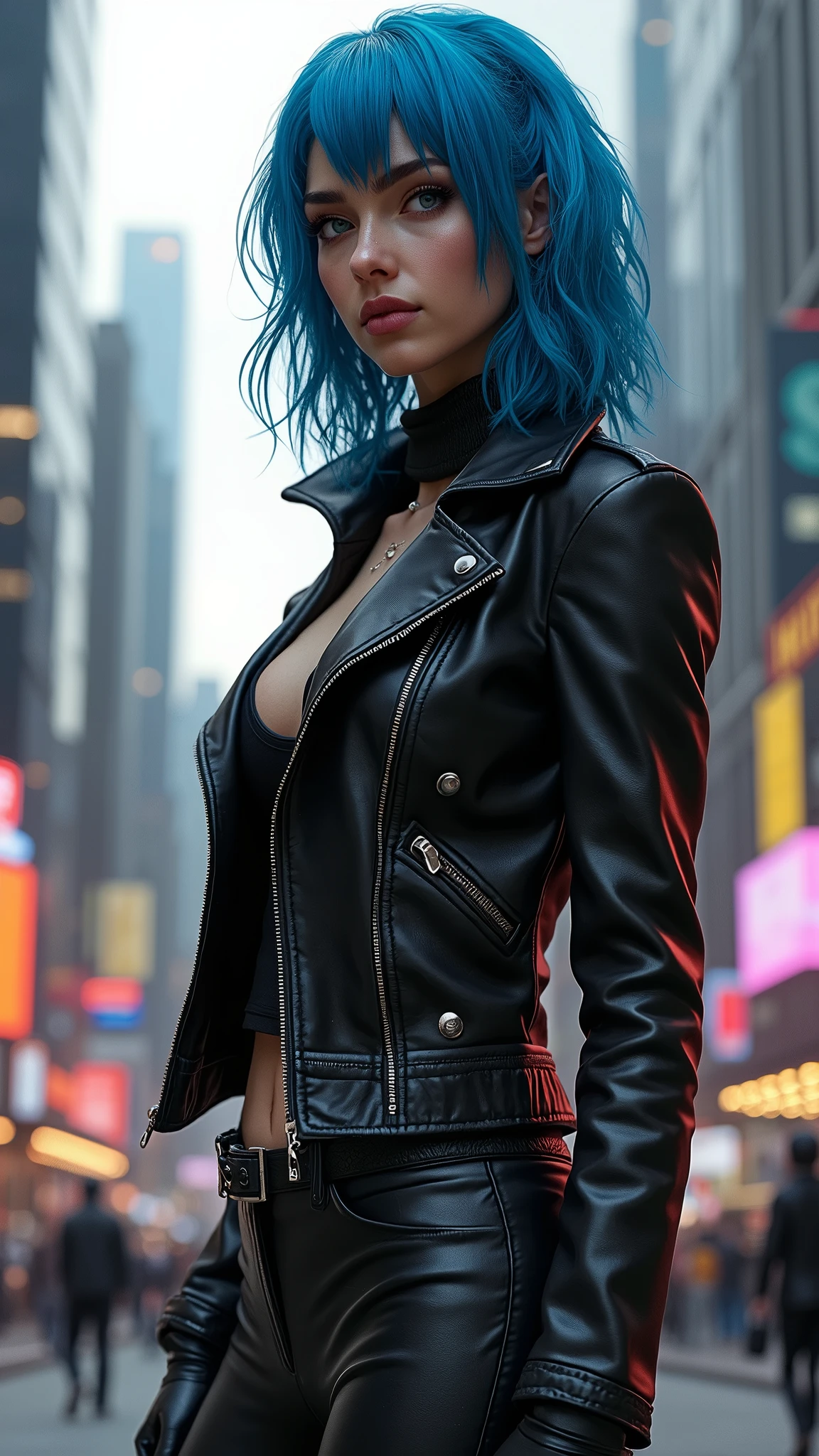 Mid-30s woman, Blue hair, Black Leader Outfit, on city. detailled, photorealistic