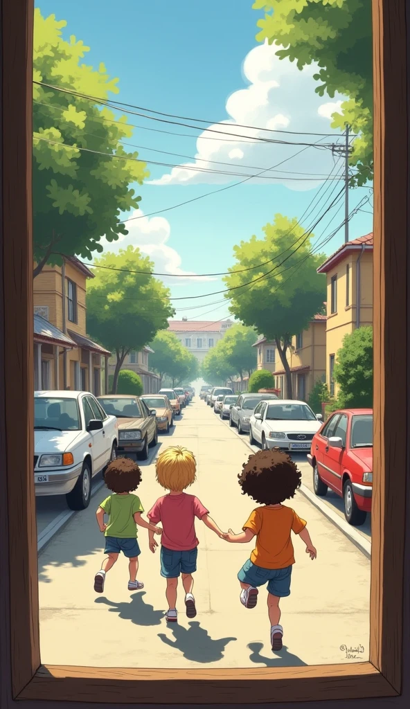 From a room window there were 3 children playing in the street.