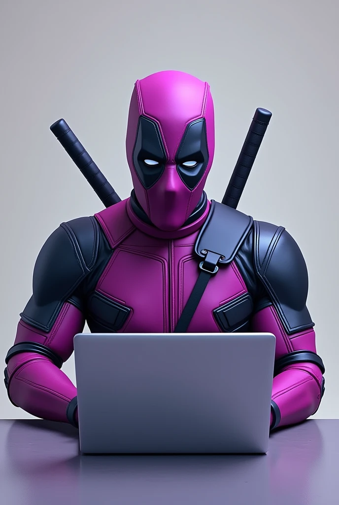 Purple Deadpool using a laptop