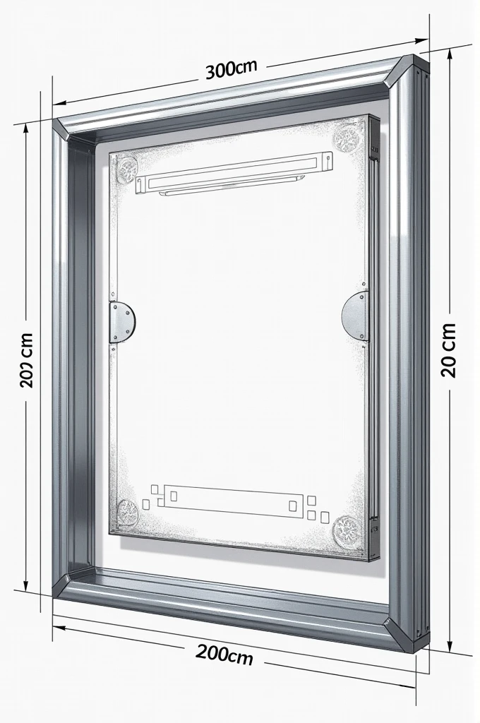 Technical drawing of a metal frame for a report notebook with measurements 300 cm by 200 cm with 2 inches of thickness