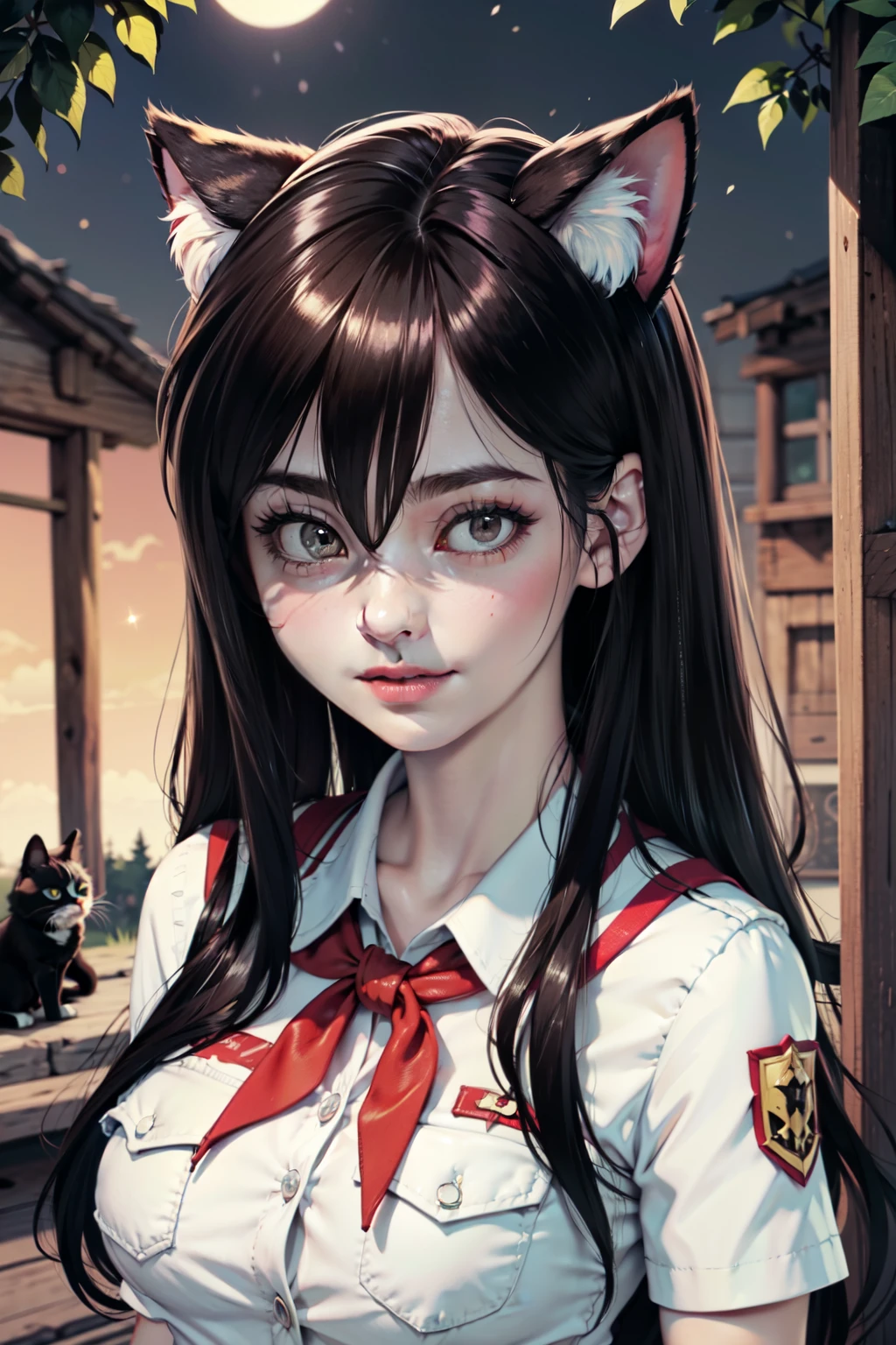 very young slim fit girl, at full height, (rounded face:1.2), very long disheveled dark brown hair, (big brown eyes:1.2), horny face, horny smile, perfect flat breast, band on head with fake cat ears, parororo, pioneer neckerchief, blue thight microskirt, bangs, shirt, collarbone, white shirt, short sleeves, collared shirt, belt, neckerchief, eyelashes, red neckerchief, breast pocket, ariawm, accurate snub nose, (very long strand of hair between eyes:1.3), summer night, forest, lustful blush 