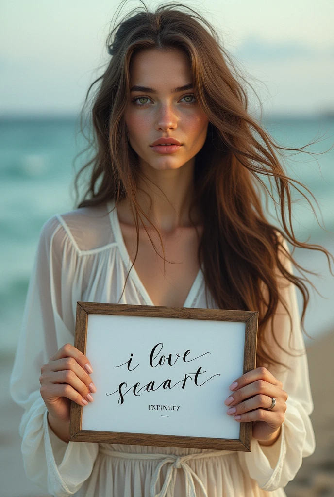 Beautiful girl with wavy long hair, bohemian dress, holding a white board with text "I Love Seaart Infinity" and showing it to the viewer