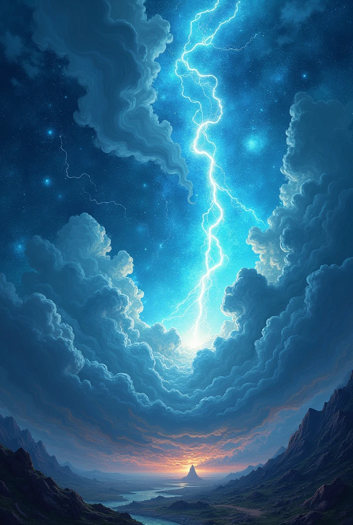 Space galaxy anomaly of thunders and lightning everywhere more cloud thunder and clouds and stars, cyan, light blue, Van Gough, space, galaxy