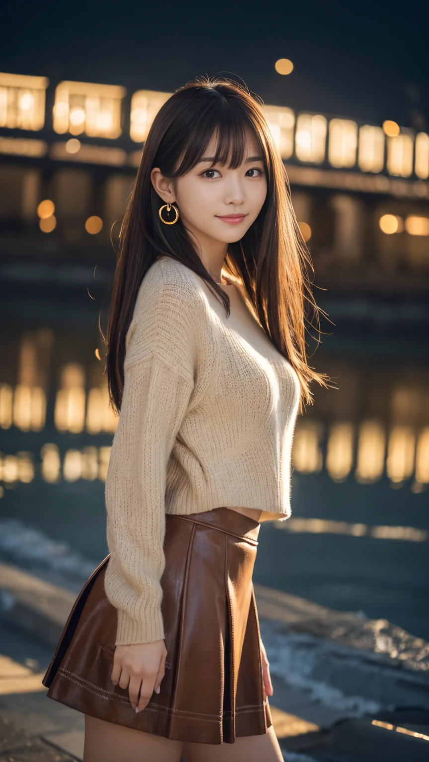 A beautiful woman standing by the lake、Japanese、Age 25、Model body type、Small face、Small breasts、Wearing a sweater、Wearing a skirt、Wearing boots、Hands behind back、(((The whole body can be seen from the front)))、Anatomically correct body、, light brown hair, crossed bangs, asymmetrical bangs, floating hair, straight hair, expressive hair, shiny hair, long hair, symbol-shaped pupils, earrings, parted lips, seductive smile, Surrealism, Expressionism, cinematic lighting, tachi-e, Nikon, UHD, masterpiece, super detail, best quality, highres