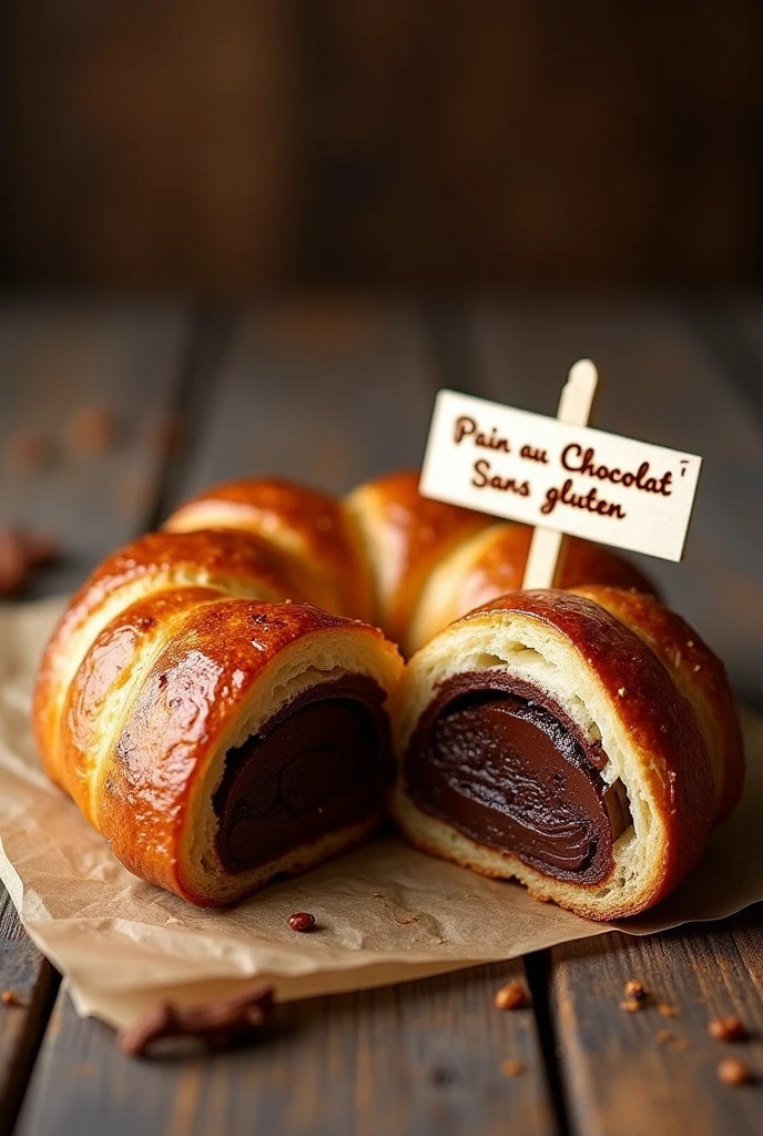 Create an ultra-realistic, highly detailed image of a freshly baked, gluten-free pain au chocolat, placed on a rustic wooden table. The pastry should have a golden-brown, flaky crust with visible layers that showcase the texture of a traditional French pastry, despite being gluten-free. The edges are slightly crispy, and the chocolate filling is rich and glossy, slightly oozing out from the center. Surrounding the pain au chocolat, there are a few crumbs scattered on the table, adding to the authenticity of the scene. A small sign or tag next to the pastry reads "Pain au Chocolat SANS gluten" in elegant, handwritten script, ensuring the message is clear. The setting is warm and inviting, with soft, natural lighting that highlights the flakiness of the pastry and the richness of the chocolate. The overall atmosphere should evoke the comfort and indulgence of enjoying a classic French treat, made accessible to those with gluten sensitivities.